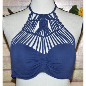 Ambrielle Ladies Blue Bikini Top Size D Macramé Style Halter Built in Bra